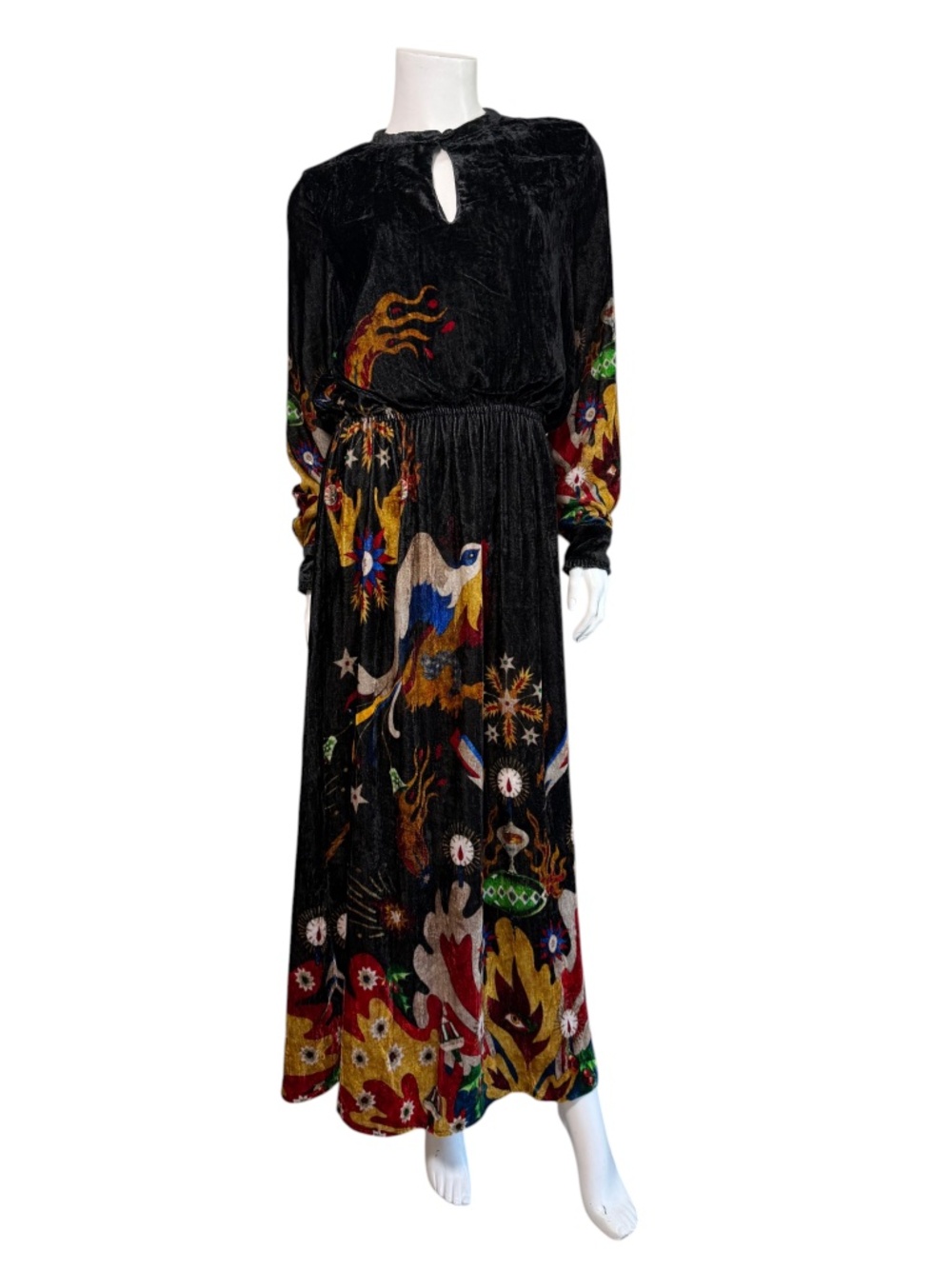 Chufy Crushed Velvet Mythical Print Maxi Dress in Black Size M
